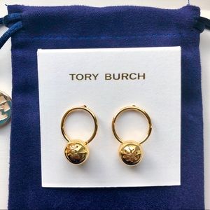 NEW Tory Burch Gold Logo Bead Hoop Drop Earrings